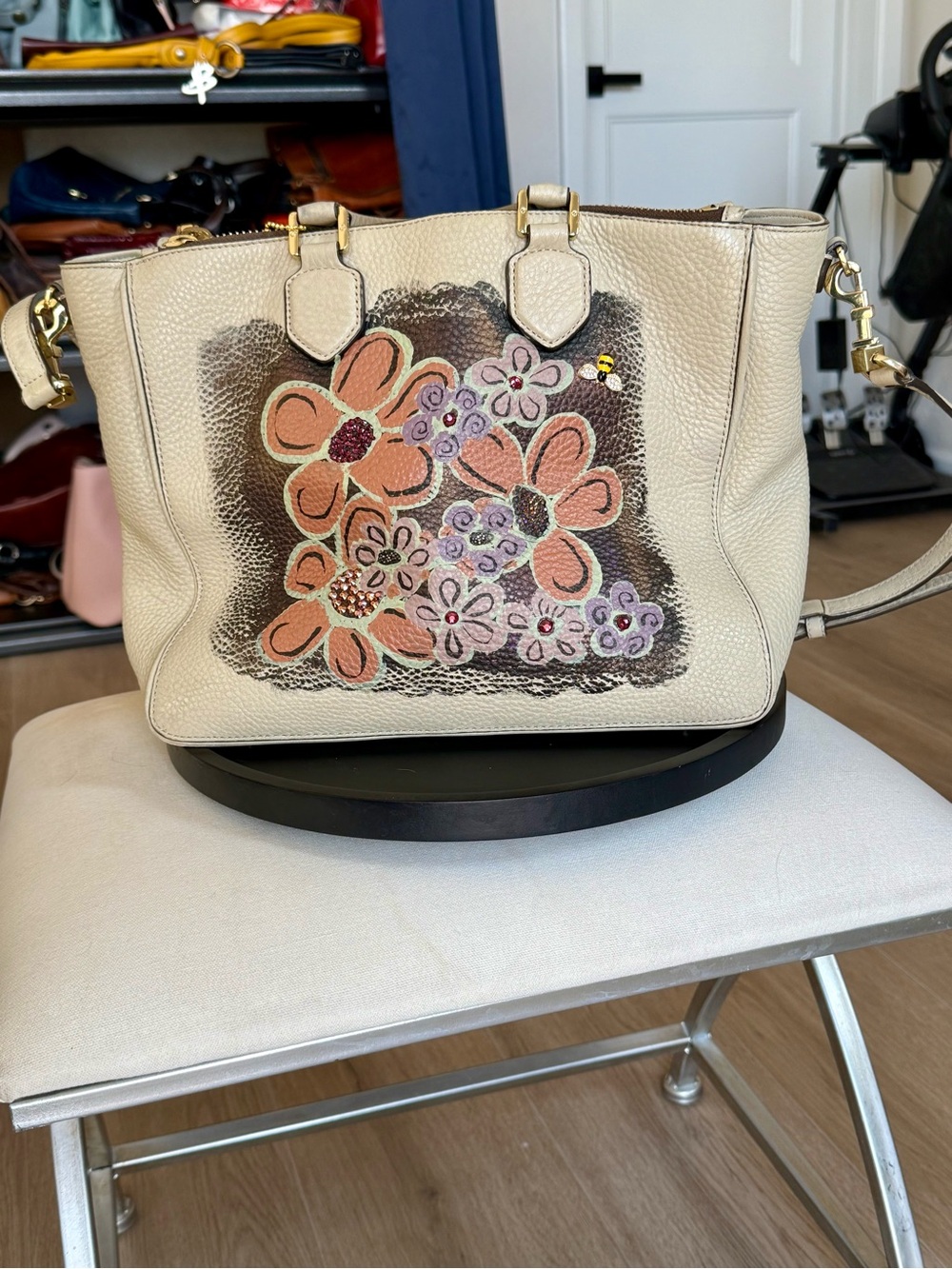 Tory Burch Pebbled Leather  Triple Compartment Hand Painted With Rhinestones